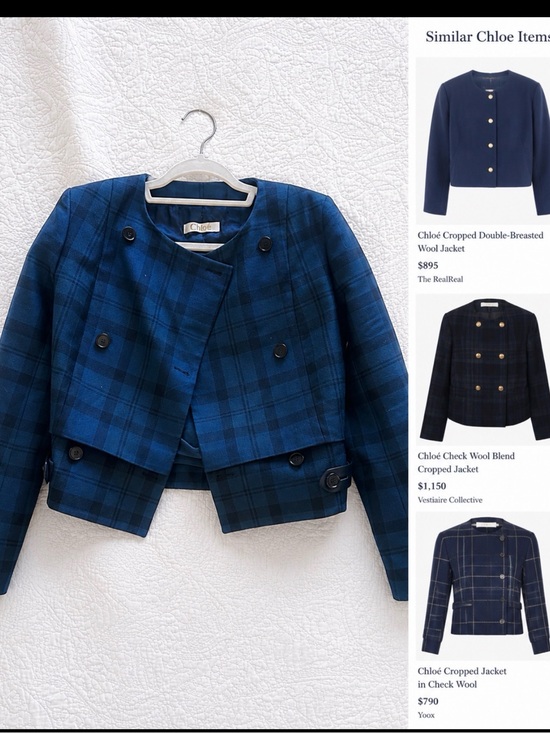 Chloe Jackets & Blazers - Chloé Blue Plaid Cropped Wool Jacket